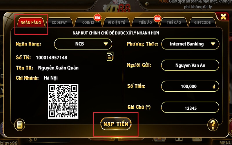 Nạp tiền qua ngân hàng Yo88