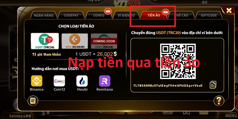Nạp tiền qua tiền ảo YO88