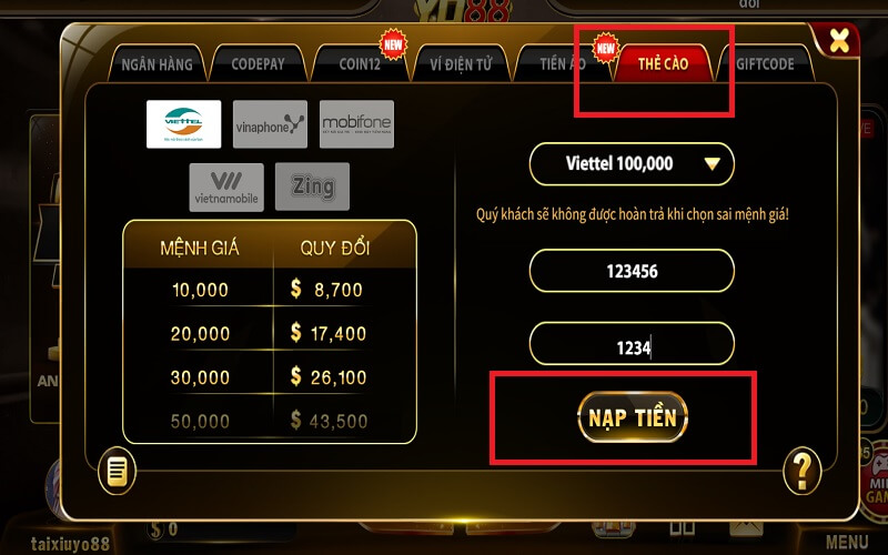 Nạp tiền qua thẻ cào Yo88